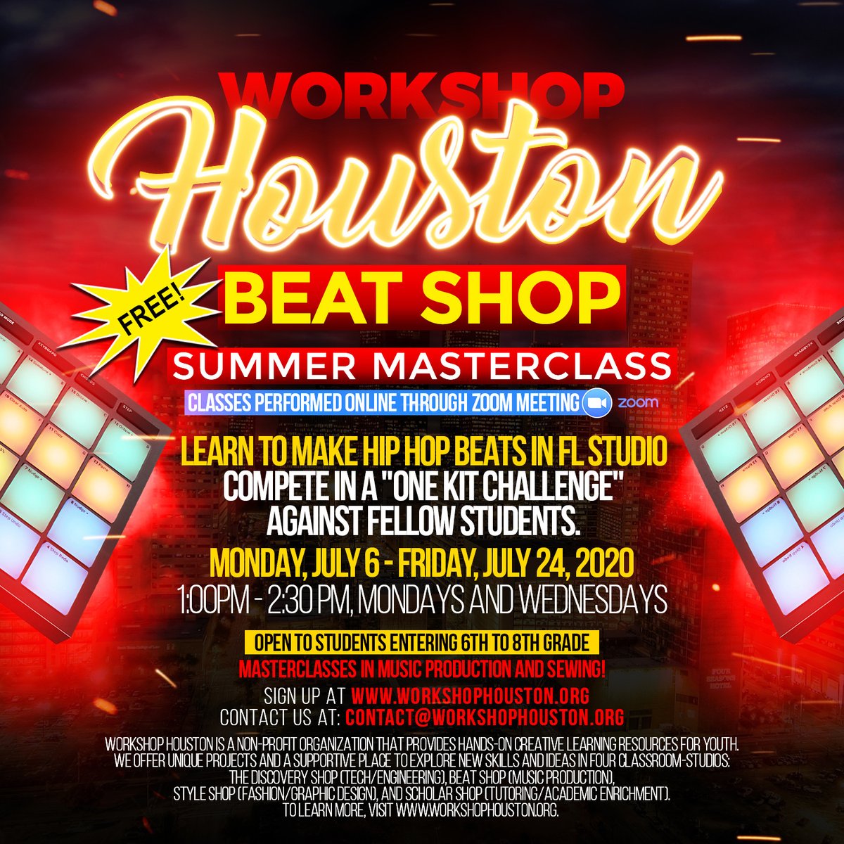 FREE Beat Shop Summer Classes! 
.
.
Click HERE to apply.  workshophouston.org/pages/applicat… #workshophouston #beatshop #houstontexas #houstonstrong #thirdward #virtualworld #virtualclasses