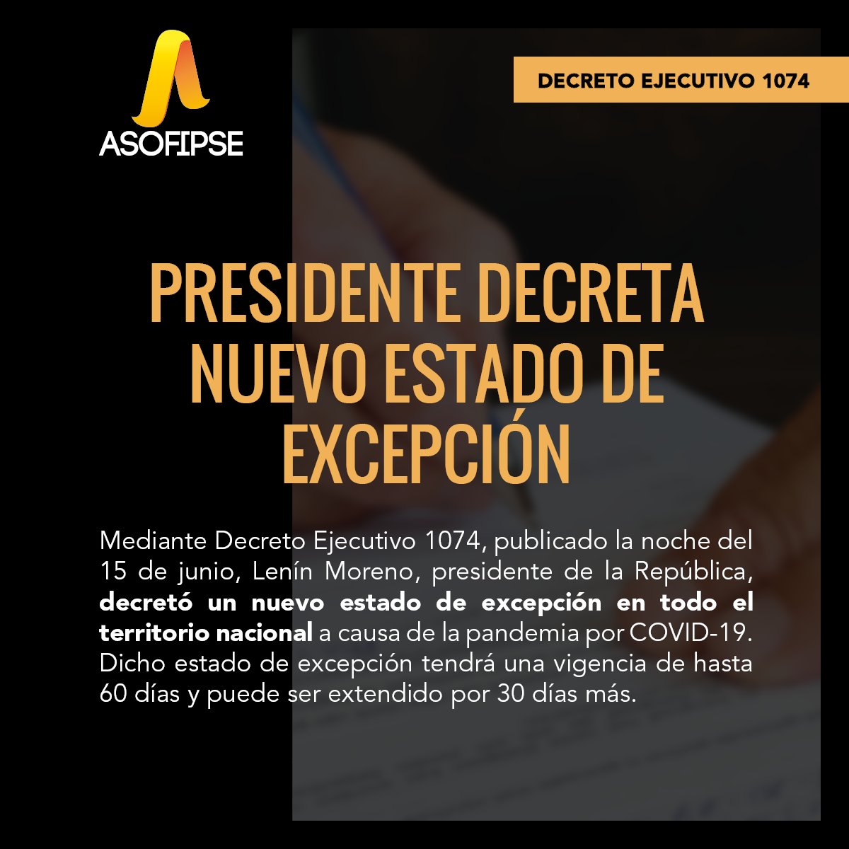 📌 ATENCIÓN – SECTOR COOPERATIVO
PRESIDENTE DECRETA NUEVO ESTADO DE EXCEPCIÓN
Mediante Decreto Ejecutivo 1074, el presidente @Lenin Moreno decreta un nuevo estado de excepción por calamidad pública a nivel nacional.
Lea el decreto completo: https://t.co/8zI7j8w7mF https://t.co/RXgpA8AqGa
