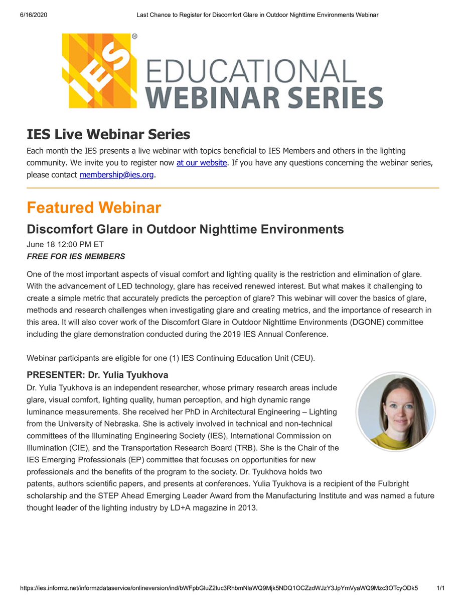 ytyukhova's tweet photo. Interested in learning more about discomfort glare? Please join me for the “Discomfort Glare in Outdoor Nighttime Environments” @The_IES webinar this Thursday, June 18 at 12 pm ET. Register here https://t.co/nzZQT8GJwS #webinar #glare #outdoor #LED #discomfort #IES https://t.co/ctIkHZk04P
