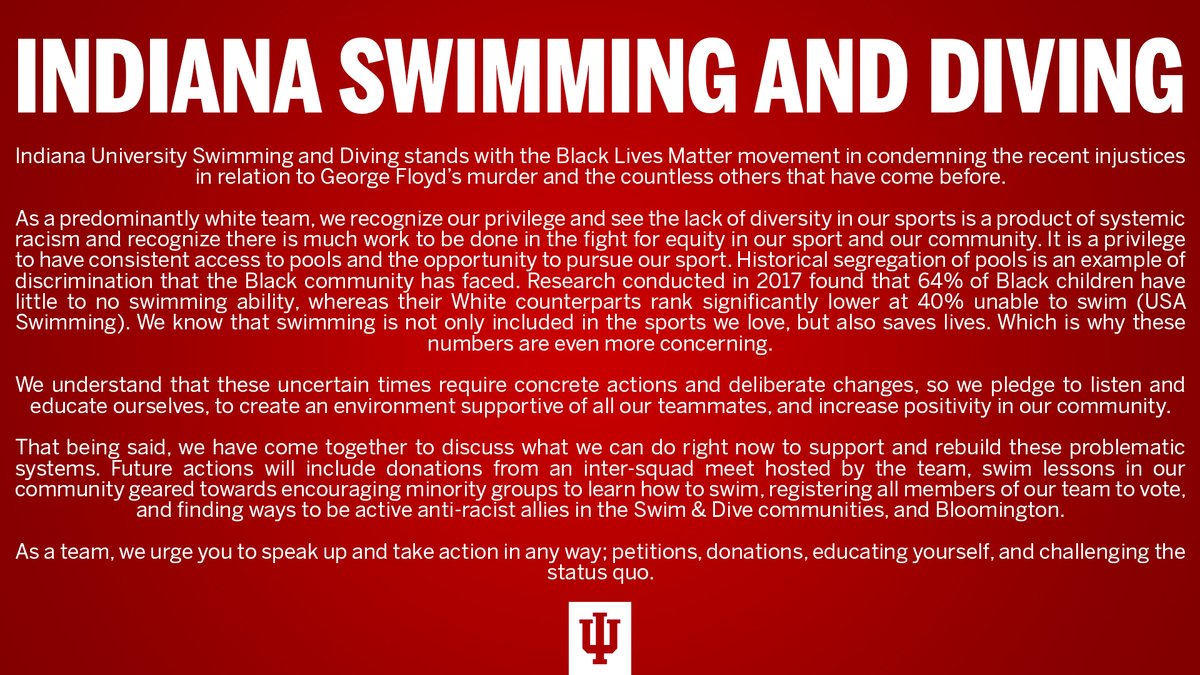 IndianaSwimDive's tweet photo. As a team, we urge you to speak up and take action in any way; petitions, donations, educating yourself, and challenging the status quo. #BlackLivesMatter https://t.co/oIa67GE3no