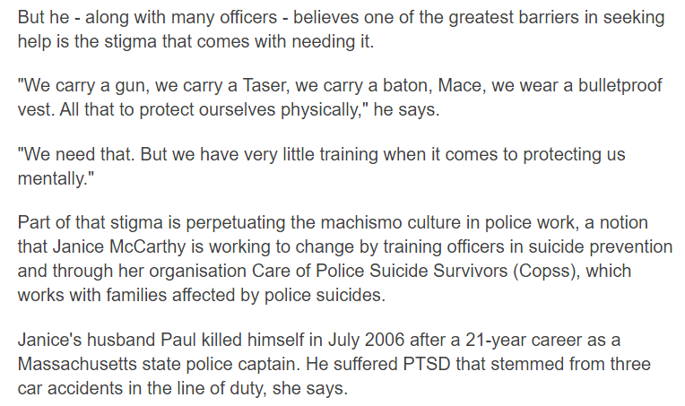 PROBLEM POLICE The nature of policing is isolating and trauma-inflicting. Suicide leading cause of all officer deaths. Reduce the stigma and disincentives to seeking help and promote early, continuous mental health interventions. See https://abcnews.go.com/Politics/record-number-us-police-officers-died-suicide-2019/story?id=68031484