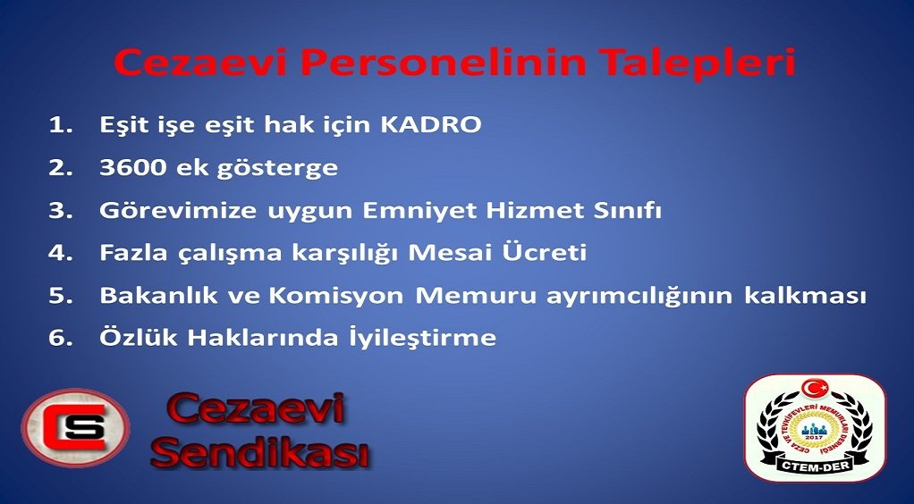 Cezaevi Personeli
MahkumDeğiliz Memuruz cezaevi personeli 3 aydır Cezaevlerinde yatıp kalkıyor. Ya fazla çalışma izni yada ek mesai ücreti verilsin. Özgürlüğünü feda eden personelin hakları yenmesin.