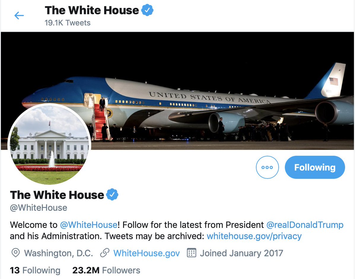 On the official Whitehouse Twitter page is the background screenshot attached. https://twitter.com/WhiteHouse 