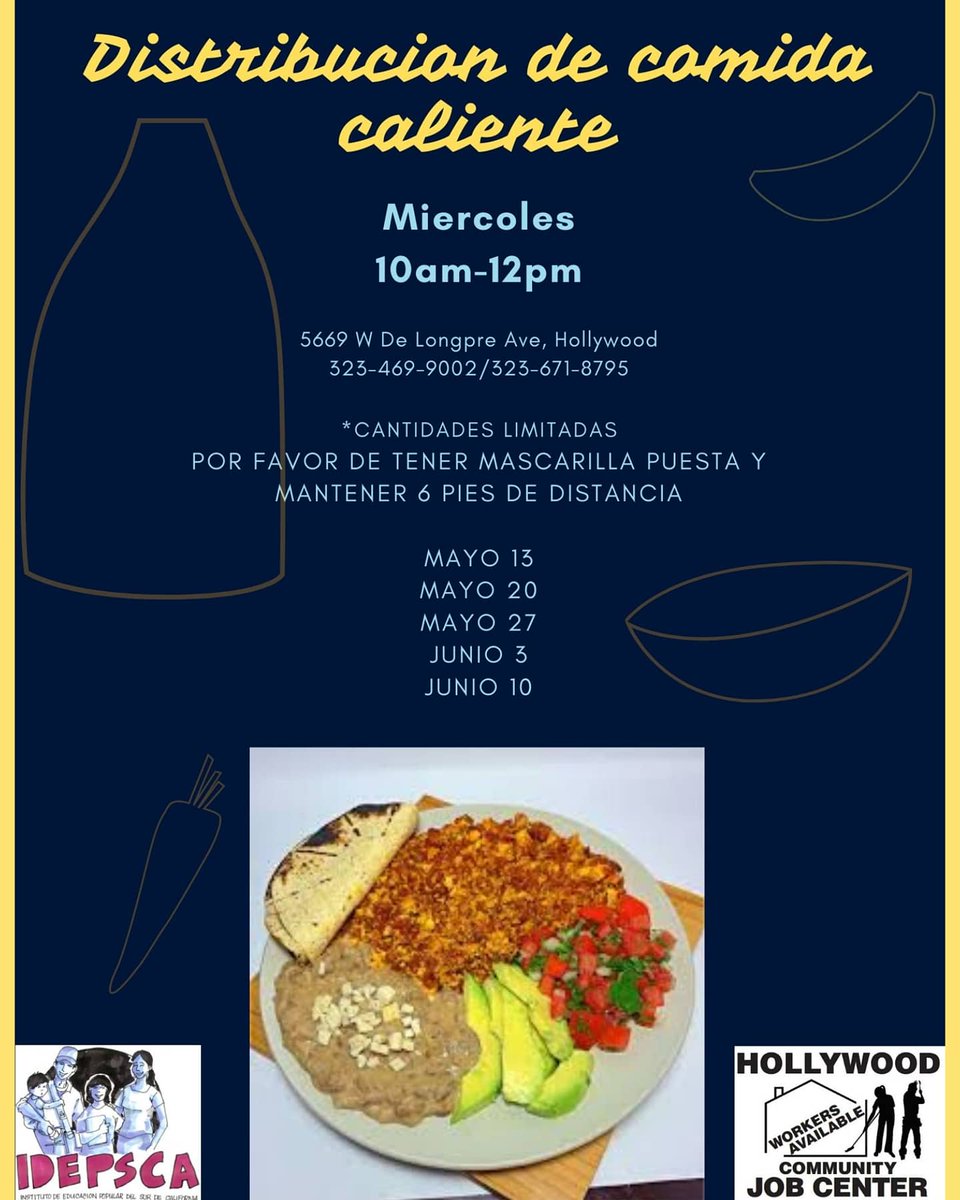 TOMORROW 6/17 at the corner of Fernwood and De Longpre there will be a hot meal distribution! Feel free to DM us if you need help finding more resources 💛🖤 And don't forget to wear your mask and practice social distancing!! @IDEPSCA