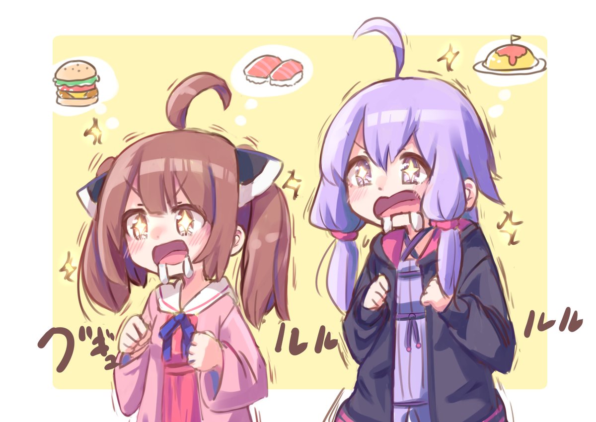 touhoku kiritan ,yuzuki yukari food multiple girls 2girls purple hair burger omelet brown hair  illustration images