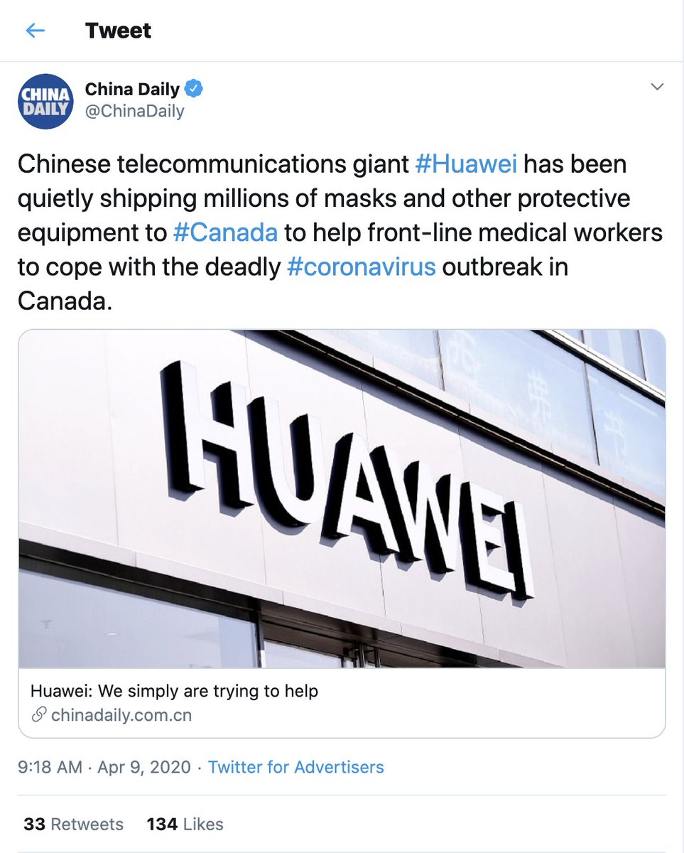 China also frames donations in the context of foreign policy goals. For example, tweets referencing Canada frequently mention how Huawei has been “quietly” shipping equipment to help Canada. Recall that this was during the ongoing Huawei trial in Vancouver (4/)