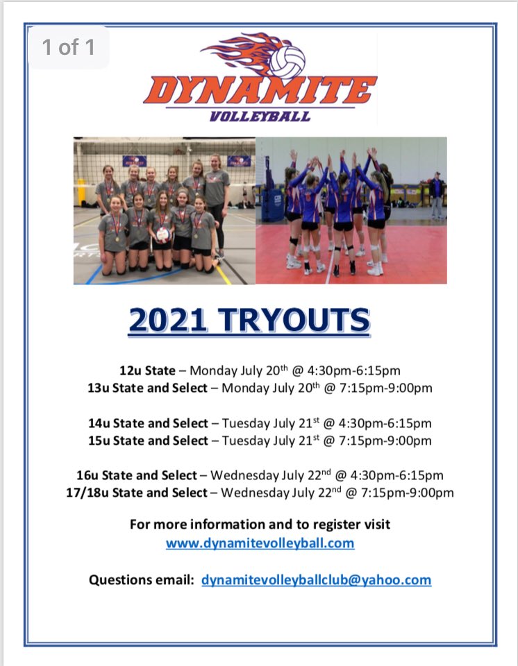 Dynamite Volleyball (@dynamitevball15) on Twitter photo Our 2021 tryout link has been posted on our website. For more information and to sign up visit dynamitevolleyball.com or for any questions or concerns email dynamitevolleyballclub@yahoo.com. Our 2021 tryout link has been posted on our website. For more information and to sign up visit dynamitevolleyball.com or for any questions or concerns email dynamitevolleyballclub@yahoo.com.