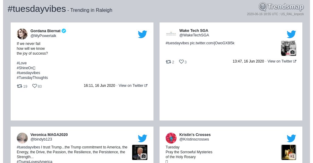 TrendsRaleigh's tweet photo. #tuesdayvibes is now trending in #Raleigh

https://t.co/AGUEh8PNlD https://t.co/PHvVggDBeY