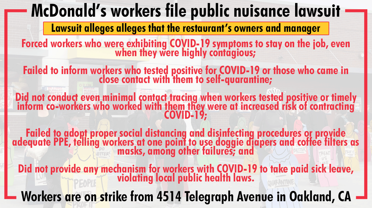 CAFFWUnion_SP's tweet photo. The suit, filed in California Superior Court in Alameda County, by four workers at the Telegraph Avenue McDonald’s and the 10-month-old son of one of the workers, alleges the following: https://t.co/kvEtw5tc6L
