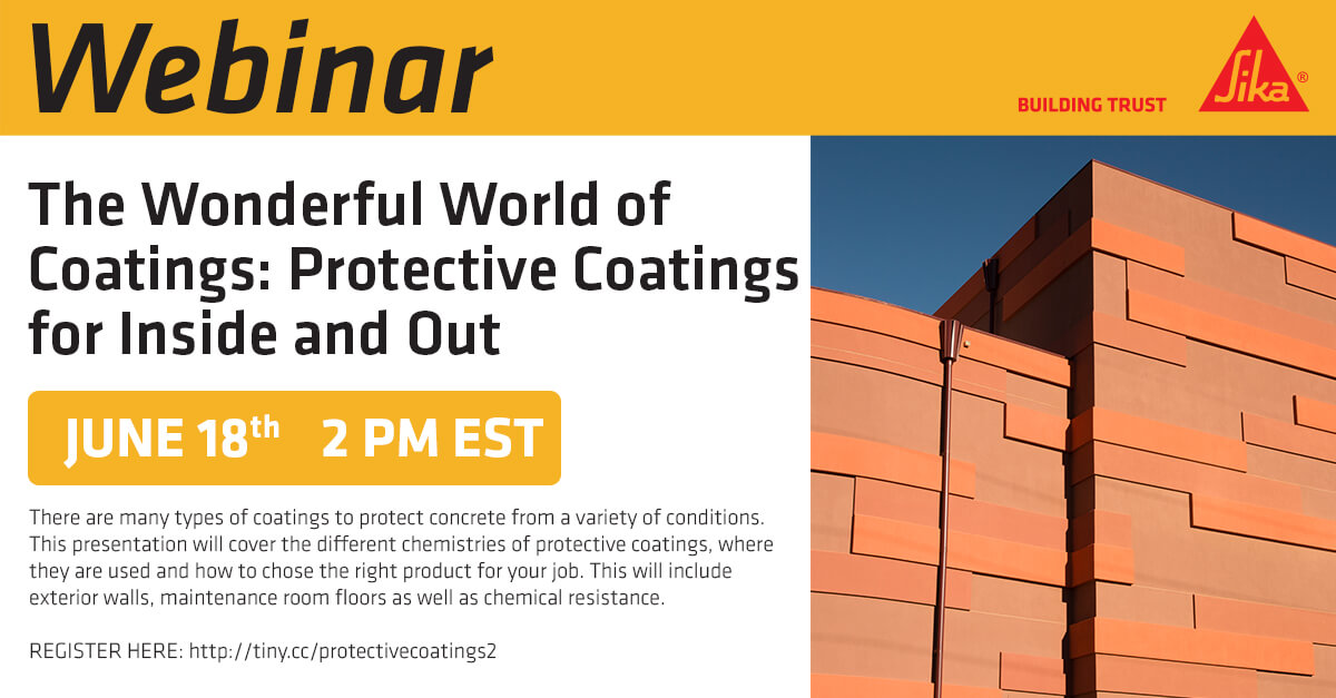 Sika_USA's tweet photo. Register for The Wonderful World of Coatings Webinar June 18th at 2pm EST with Scott DiStefano to learn all about protective coatings for both indoor and outdoor use! #ProtectiveCoatings #RepairandProtection #Construction #SikaUSA https://t.co/eCNfDLfmX8 https://t.co/uSCGFZVqze