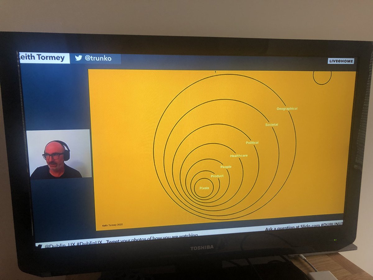 Really enjoying #DublinUX from my sofa. Love <a href="/trunko/">T</a> framing of understanding the levels of zoom of problems! Finding the right one is a real problem!