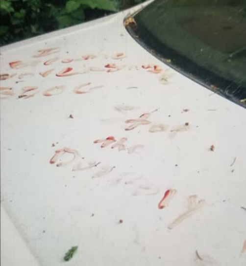 "Carrillo appears to have used his own blood to write various phrases on the hood of the Toyota Camry that he carjacked... I recognize the following words and phrases: “BOOG,” “I became unreasonable,” and “stop the duopoly.” From the complaint:  https://www.justice.gov/opa/press-release/file/1285706/download?utm_medium=email&utm_source=govdelivery