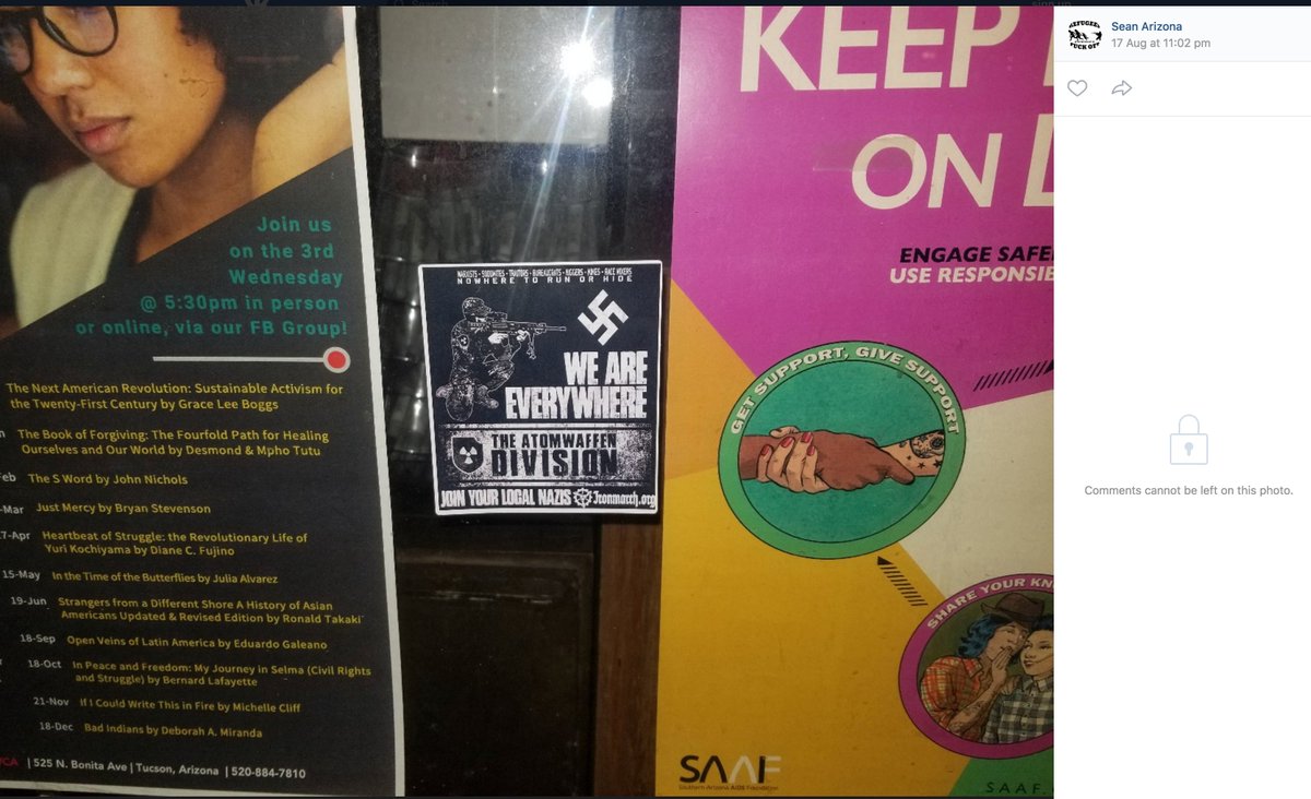 We know that Sean has associated with a convicted Nazi terrorist.We know that Sean has promoted Nazi terrorist groups.Here he's bragging about vandalizing Tucson with flyers explicitly promoting Atomwaffen, a Nazi terrorist group associated with a number of deaths in the US.