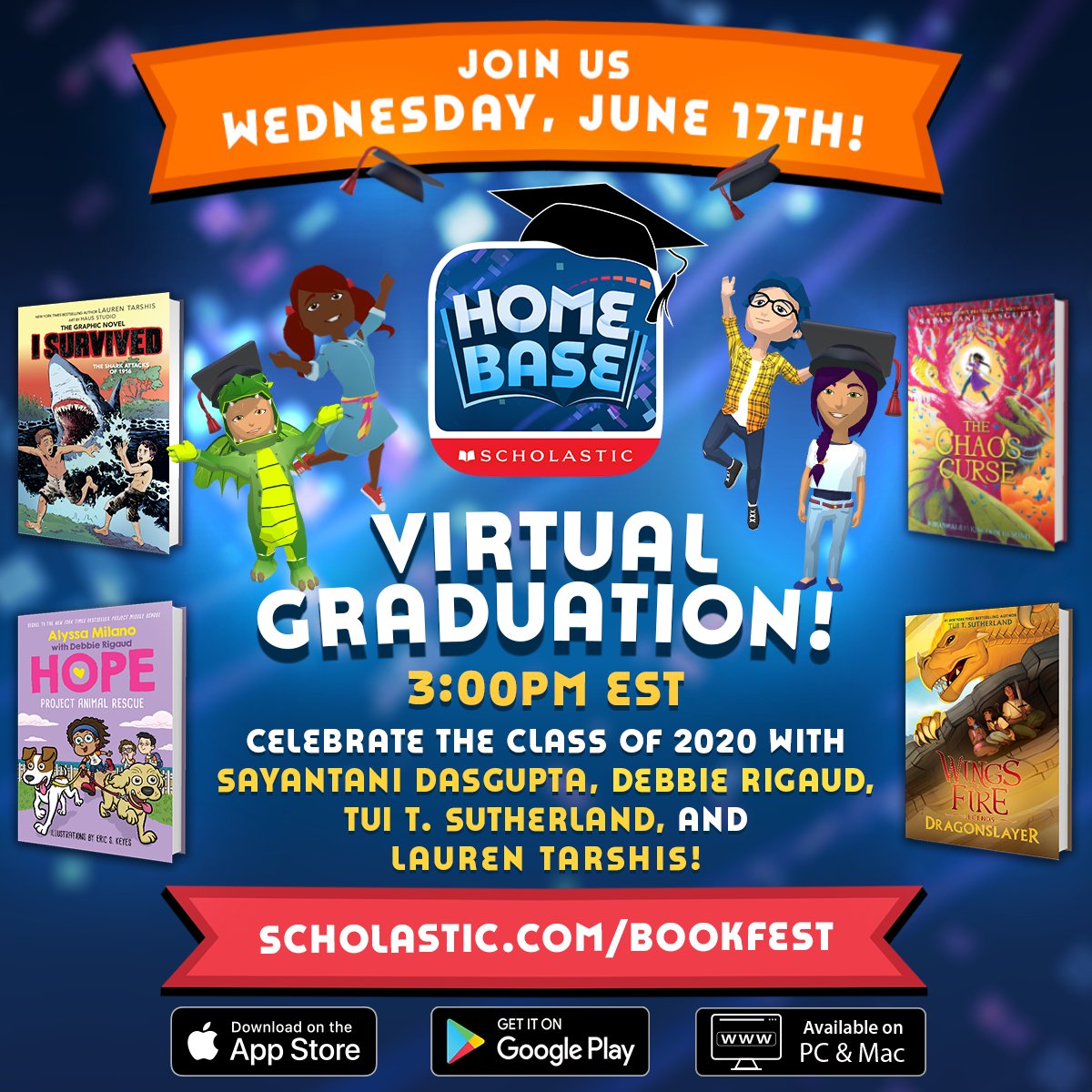 Scholastic's tweet photo. 🎉📚 TOMORROW! 📚🎉Tune in for a very special #HomeBaseBookFest celebrating the class of 2020, featuring LIVE commencement speeches by @Sayantani16, @debbierigaud, @laurenTarshis, and Tui T. Sutherland! 🎓 The fun begins at 3:00 p.m. EST ➡️ https://t.co/LfdWogteQV https://t.co/hqNsGuCJxO