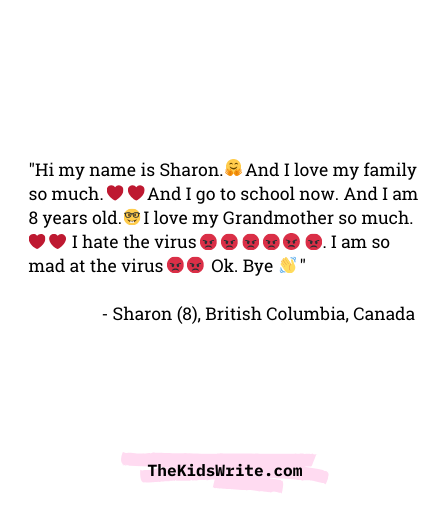 thekidswrite's tweet photo. "I am so mad at the virus" - Sharon (8), British Columbia
https://t.co/Rfjz3orlzY https://t.co/ilvBhV0wjV