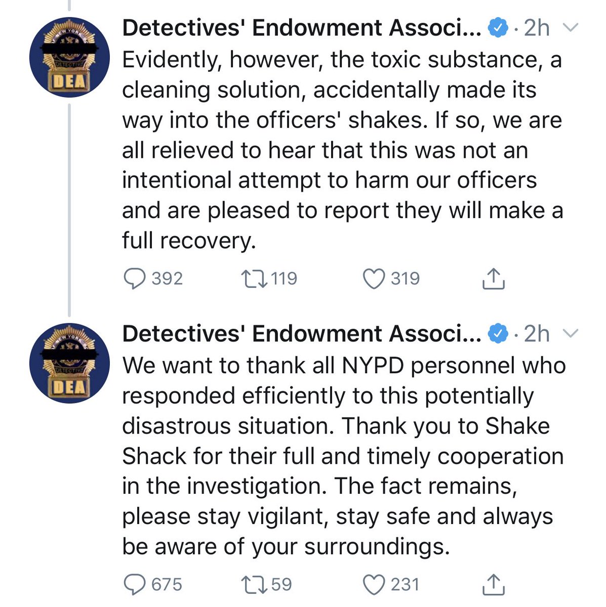 The police union has weighed in on their debunked Shake Shack story. (FYI: “it was reported” = “we reported it”.) If you can’t even own a mistake in a tweet, why should anyone trust you to responsibly make life-or-death decisions — and admit when you made the wrong call?