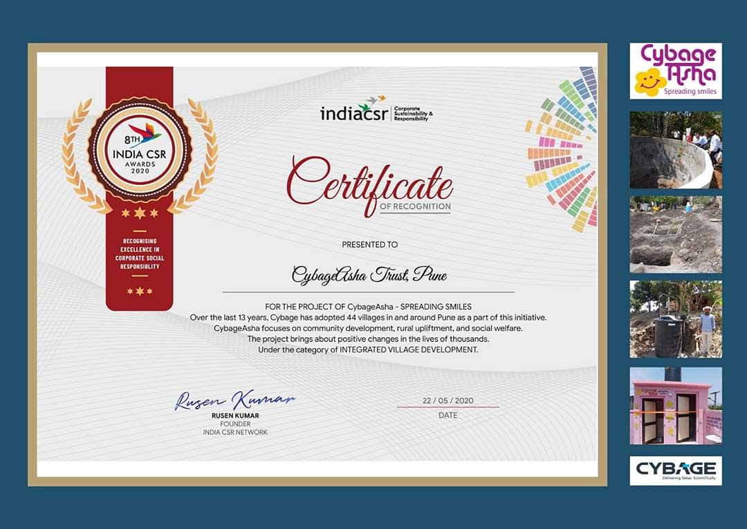 cybage_csr's tweet photo. #CybageAsha wins the #IndiaCSRAwards2020 for the CSR excellence in ‘Integrated Village Development’ category.
#Congratulations and #kudos to all our #volunteers who made this achievement possible! 
@INDIACSR

 #RuralDevelopment #GiveBack #CSR #CSRProject #CybageSoftware https://t.co/rXEmsgTtH1