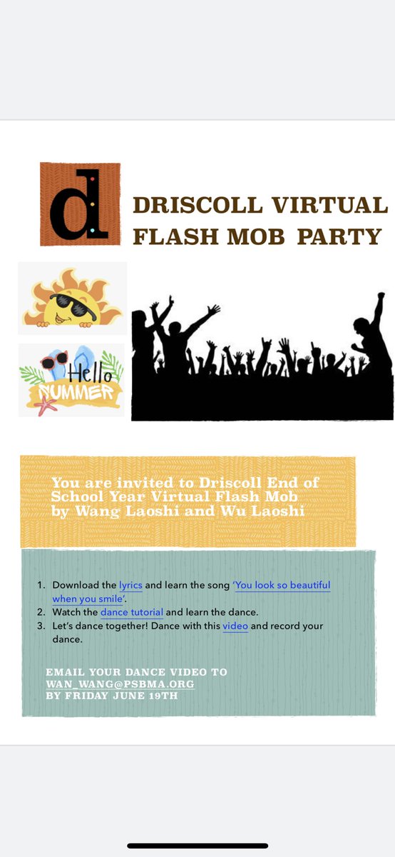 Hey Driscoll! You are invited the end of school year virtual flash mob party! Check your email box and send in your dance videos! I can’t wait to see them.