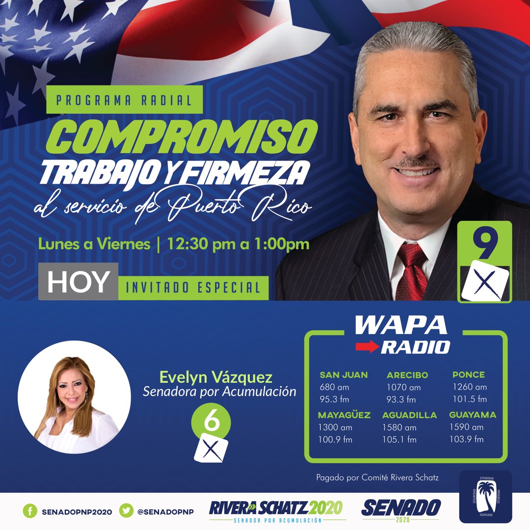 HOY📻• Programa Radial: Compromiso, Trabajo y Firmeza al servicio de Puerto Rico. 

Invitada especial; Senadora por Acumulación <a href="/EvelynVazquez51/">Evelyn Vázquez</a> . #SenadoPNP