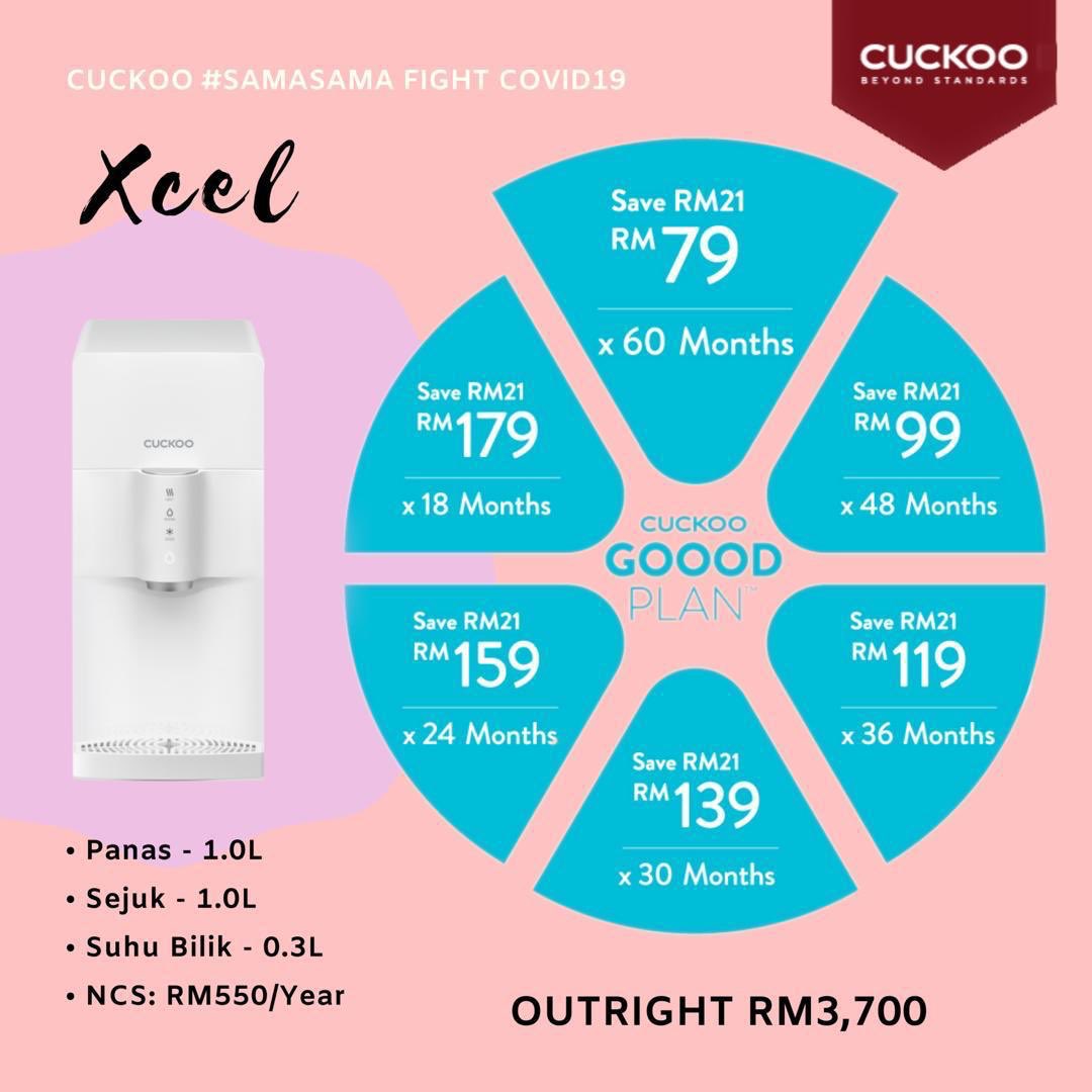 Promo Xcel harga Rm79 jer! Harga asal Rm100 Awak akan dapat extra:- air sejuk, panas & suhu bilik- touch screen- colour indicator utk setiap suhu- design yang minimalistTakperlu bayar deposit, takperlu tunjuk payslip Wasap tau sayang2.  http://hainawalcuckoo.wasap.my&nbsp;