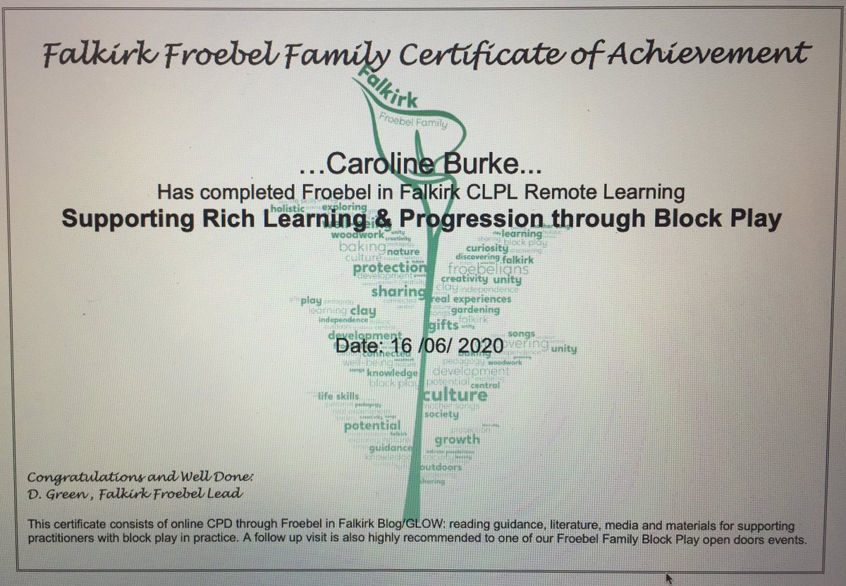 FalkirkFroebel's tweet photo. Big well done to Caroline Burke👏@QueenStreetNS Completing Froebel in Falkirk ~ Supporting Rich Learning and Progression through Block Play💕🌈#FalkirkFroebelRemoteCLPL #BlocksRock @FCEYteam #FCEYRemoteCLPL https://t.co/RDqakt99Ly