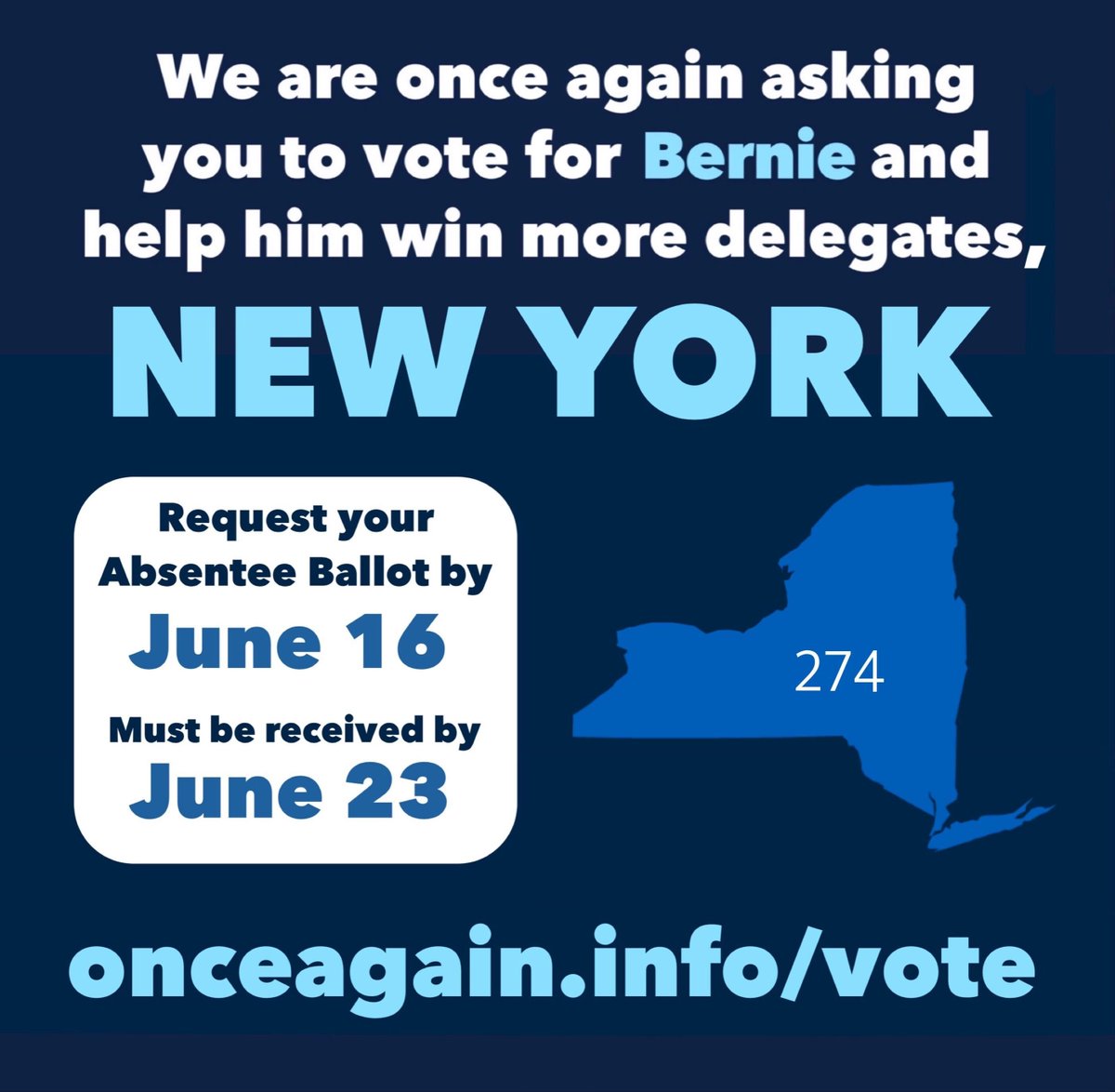 OnceAgainPAC's tweet photo. TODAY is the last day to request your mail-in ballot and #VoteForBernie in NY! Be sure to apply online and submit your ballot by June 23rd. 

You can find more voting info at https://t.co/IwozcpNgBA https://t.co/CZkVQQe1bH