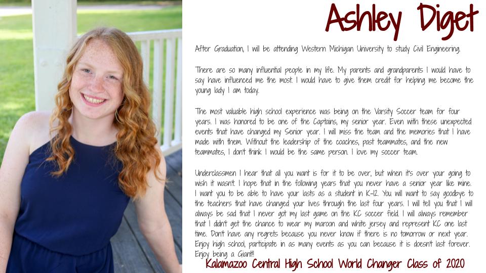 Graduating Senior World Changer, Ashley Diget!!! Future WMU Bronco!! #KCGIANTNATION