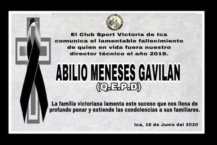 SportVictoria16's tweet photo. El día de hoy en horas de la madrugada dejó de existir el DT. Abilio  Meneses, el `profe’ no pudo ganarle el partido al covid.

Cabe señalar que el profesor Meneses, fue nuestro DT en la temporada 2019 y en todo momento demostró su profesionalismo y su gran calidad como persona. https://t.co/fivadEha59