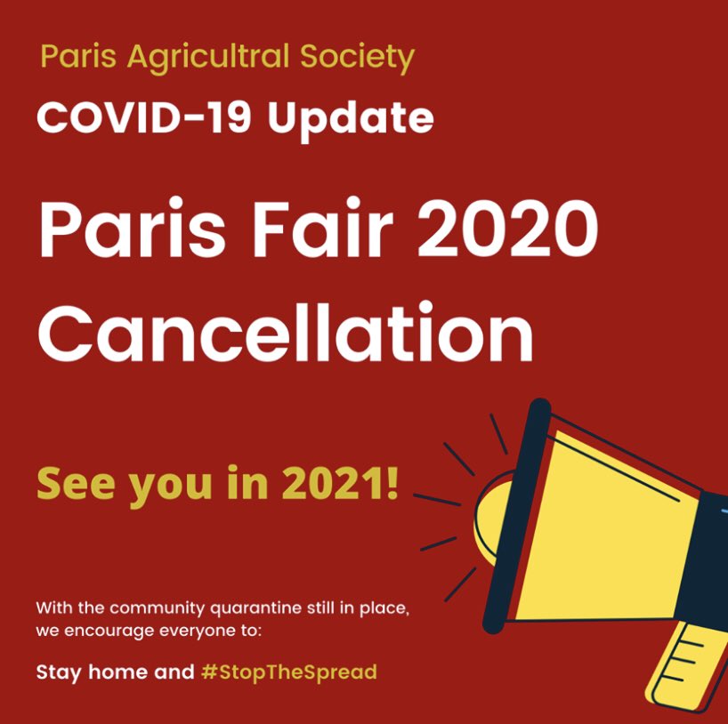 For the past 162 years the Paris Fair has been an event coveted by this community.. ⁣
⁣
It is with great sadness that the Paris Agricultural Society’s Board of Directors announces the cancellation of the annual Paris Fair for 2020.⁣
⁣
parisfairgrounds.com