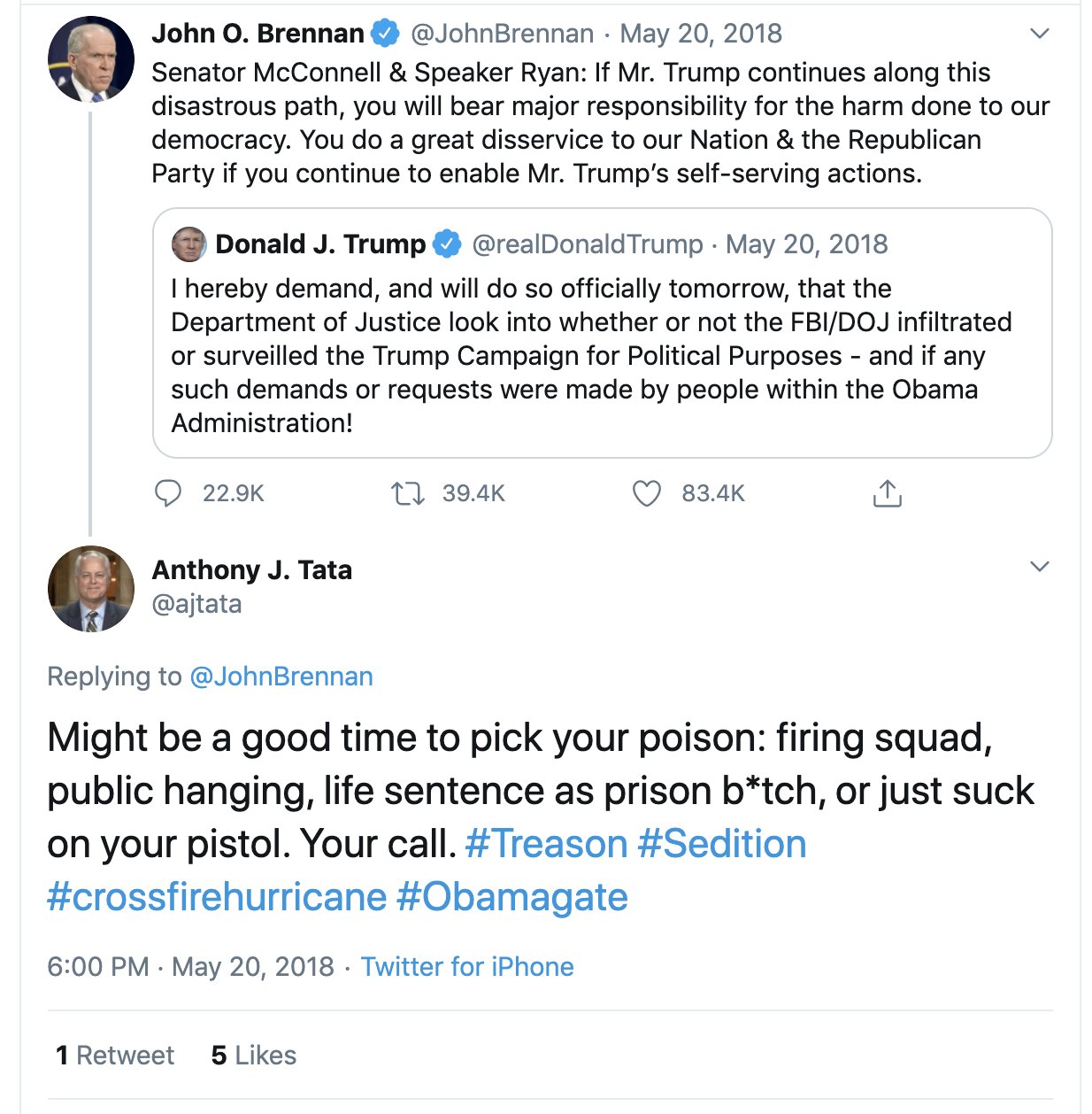 Andrew Kaczynski Trump Nominee Anthony Tata S 18 Tweet To Johnbrennan Telling Him To Pick Your Poison Firing Squad Public Hanging Life Sentence As Prison B Tch Or Just Suck On Your