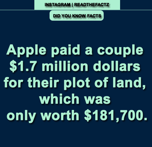 ReadTheFactz's tweet photo. Apple paid a couple $1.7 million dollars for their plot of land, which was only worth $181,700.
#facts #factsonly #FactsMatter #readthefactz #readthefacts #FactsNotFear #truth #history #latestfacts #applefacts #landfacts https://t.co/sNb20nHYW2