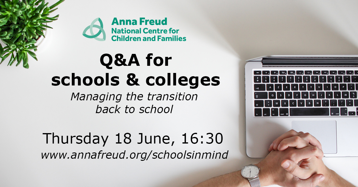 annafreuduk's tweet image. We're hosting a Facebook live Q&amp;amp;A for #SchoolsInMind members &amp;amp; all UK school &amp;amp; college staff on Thursday 18 June at 4:30pm. This Q&amp;amp;A will focus on managing the transition #backtoschool. Join us👉 facebook.com/AFNCCF
