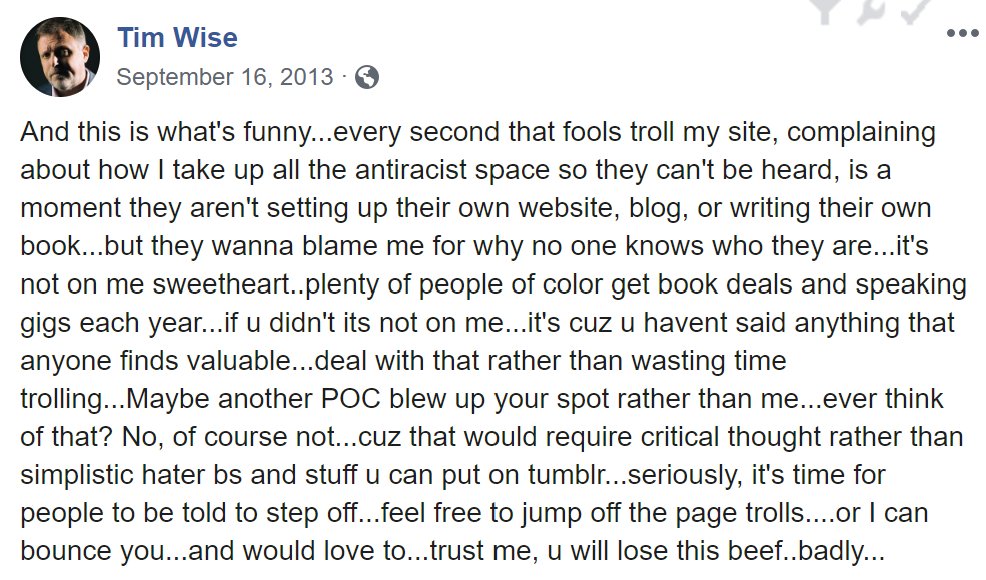 and when anyone does dare point it out, these professional white liberal "anti-racism experts" reveal themselves to be the most fragile of the fragile whites. at the very least you have to appreciate the irony