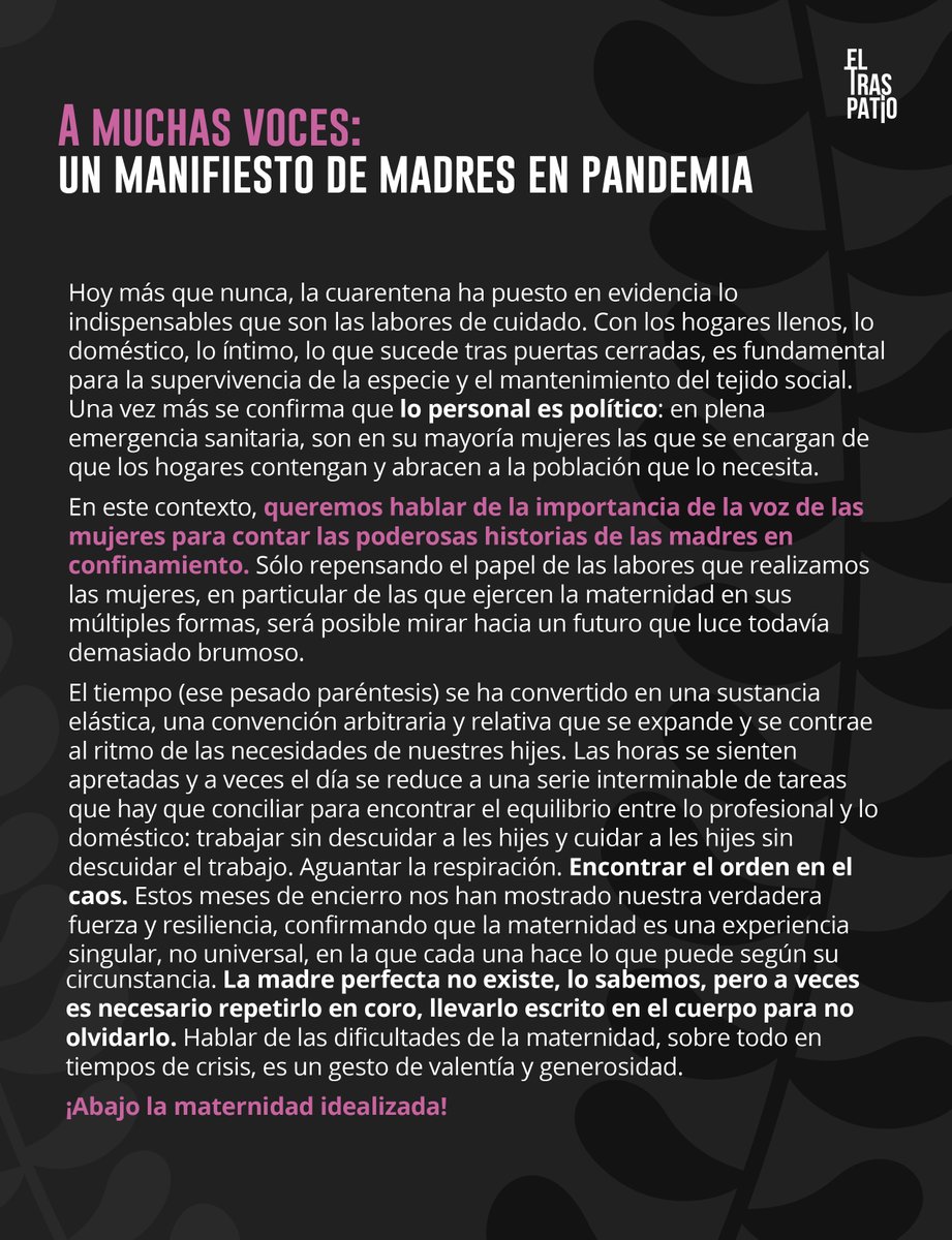 bestiecilla's tweet photo. Desde que empezó el taller de maternidad y escritura convocado por @traspatio_el, los sábados por la mañana han sido espacios de reflexión sobre lo que implica maternar en pandemia. 

Este manifiesto es resultado de dicho diálogo, por el que me siento infinitamente agradecida. ✨ https://t.co/PyEXNkOKFT