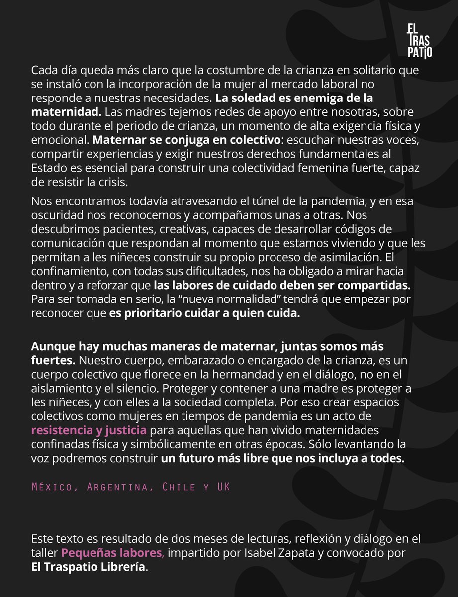 bestiecilla's tweet photo. Desde que empezó el taller de maternidad y escritura convocado por @traspatio_el, los sábados por la mañana han sido espacios de reflexión sobre lo que implica maternar en pandemia. 

Este manifiesto es resultado de dicho diálogo, por el que me siento infinitamente agradecida. ✨ https://t.co/PyEXNkOKFT