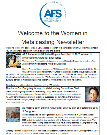 AmerFoundrySoc's tweet photo. NEW PUBLICATION: AFS releases its first issue of a quarterly newsletter for news and events related to #WomenInMetalcasting. Read the newsletter here: https://t.co/vtRIwCDRww https://t.co/e2w9FqEBbH