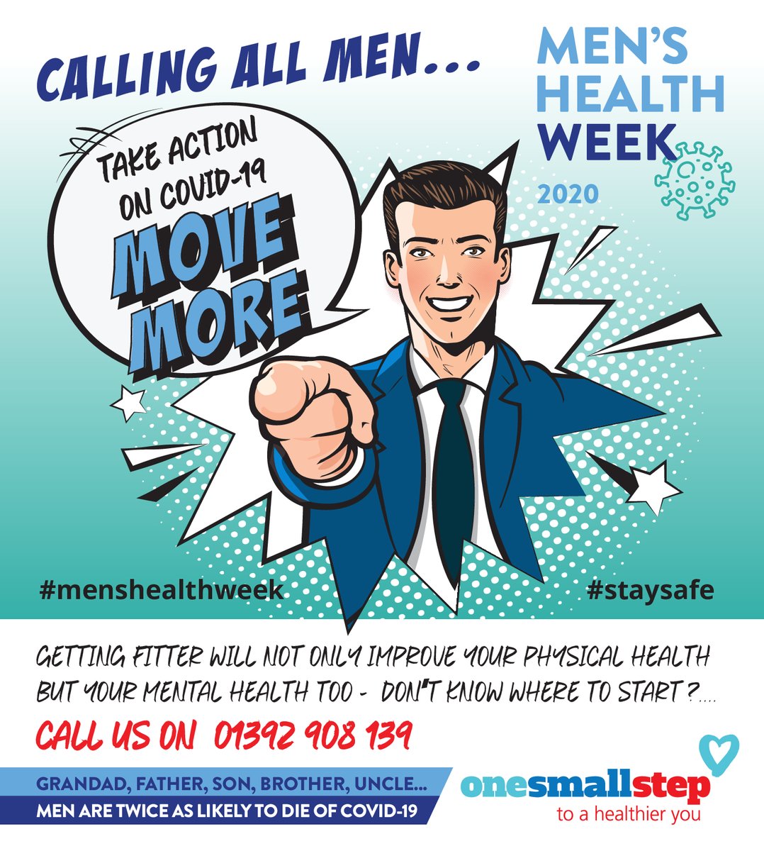 This week is Men's Health Week!
Take action on Covid-19 – move more

Getting fitter will not only improve your physical health but your mental health to
Don’t know where to start call us on 01392 908 139
Visit onesmallstep.org.uk

#MensHealthWeek #WeAreDevon <a href="/MensHealthForum/">Men's Health Forum</a>