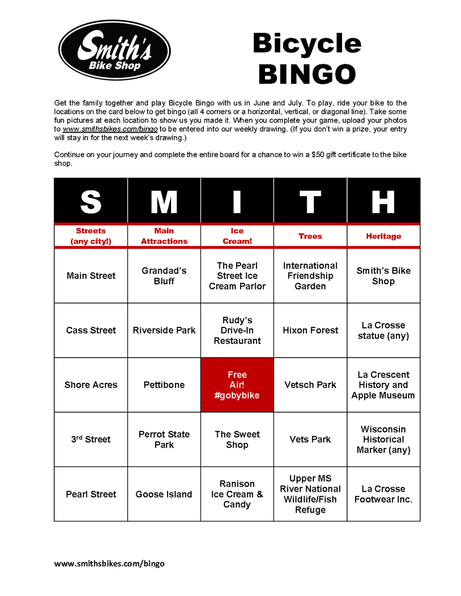 Wheels turning on how to #explore the La Crosse Region? Check out Bicycle Bingo by Smith's Bike Shop! Complete the game with a BINGO and be entered for weekly drawings and prizes through June and July! #explorelacrosse #biking #bingo #win
://smithsbikes.com/bingo/