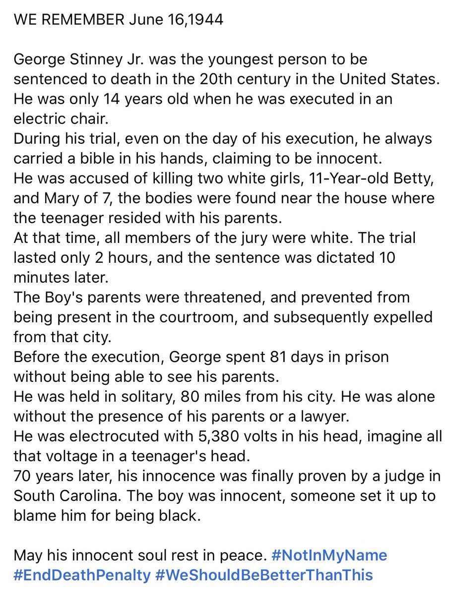 maryyygentleee's tweet photo. REMEMBER GEORGE STINNEY JR. At the age of ONLY FOURTEEN was convicted of killing 2 white girls whose bodies were found next to his home. this was is 1944... NOT EVEN 100 YEARS AGO!!! #BLACKLIVESMATTER #JUSTICEFORPOC https://t.co/gJBUvyNxgp