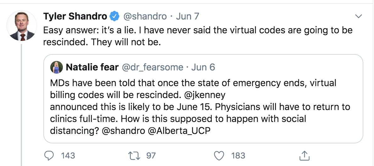 Doctors noted this when  @jkenney announced he'd allow the public health emergency to expire on June 15. They expressed concern the codes, though still needed, would be lost. @shandro, despite the evidence in his own bulletin, took to Twitter to call them liars.  #ableg