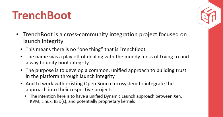 UEFIForum's tweet photo. “Launch integrity is the foundation for platform security” – Daniel Kiper, @Oracle. #TrenchBoot is a cross-community integration project that started in 2014. Join the live presentation to learn more about TrenchBoot: https://t.co/D8eF7NMYps #UEFI2020VirtualPlugfest #OpenSource https://t.co/yI5A8lRzob