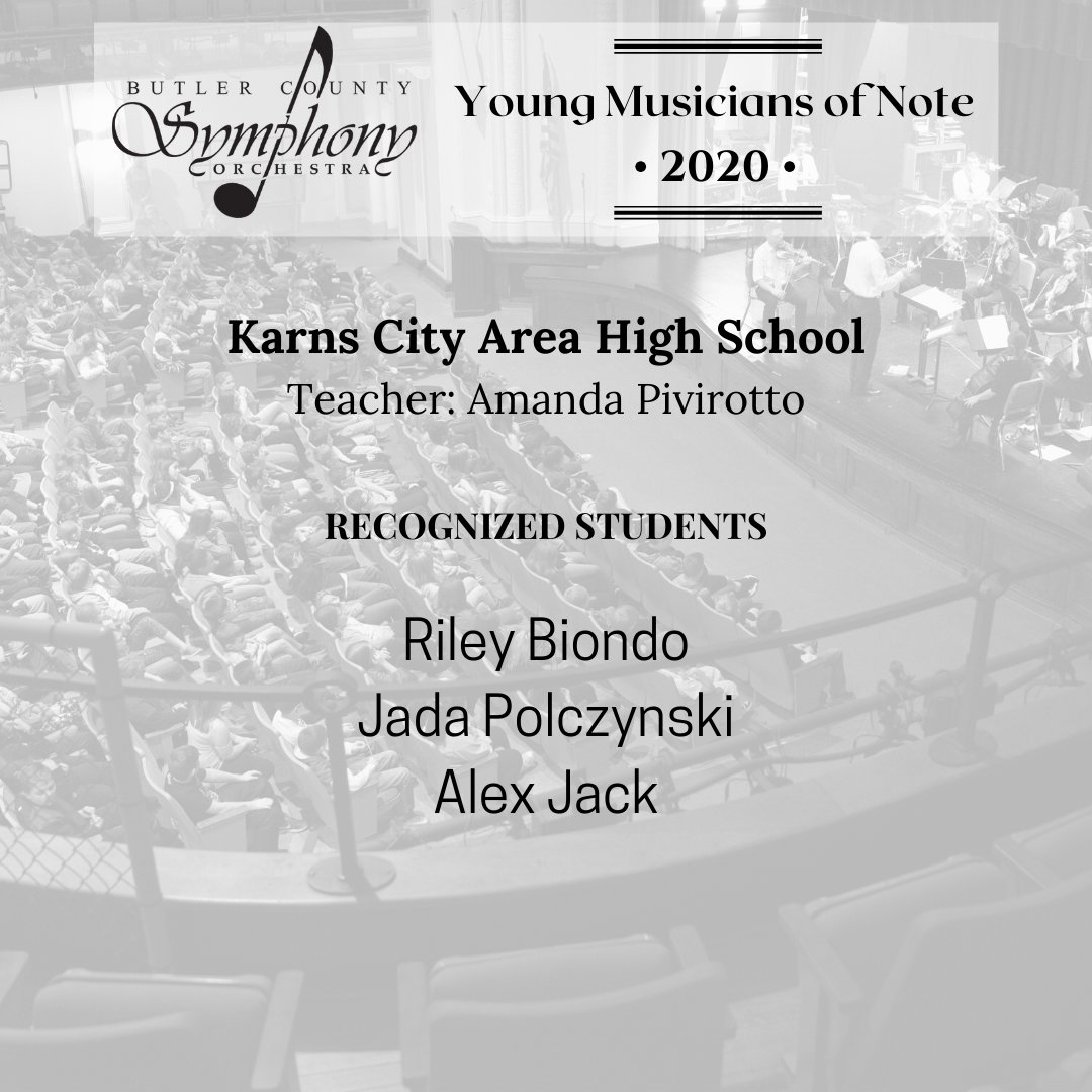 ButlerSymphony's tweet photo. Congratulations to the students from Karns City Area High School, Chicora and Sugarcreek Elementary that were nominated as 2020 Young Musicians of Note. #BCSO #butlersymphony #YMON #youngmusiciansofnote https://t.co/JWV76YBx3Y