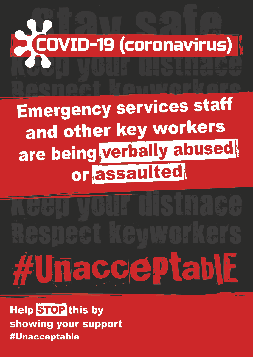 We need your support! 

Emergency service staff are experiencing violence and aggression while on duty.

Help us by sharing our #Unacceptable campaign, sending supportive messages and raising awareness.
