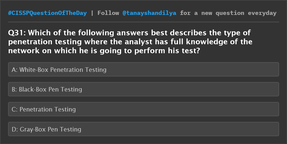 tanayshandilya's tweet image. CISSP Question of the day
#CISSPQuestionOfTheDay #cissp #cisspprep #cisspcertification #cybersecurity #dataprivacy #womenintech #comptia #cisco #isaca #securityplus #hacker #cybercrime #encryption #vpns #owasp #injection #shell #tcpip #networksecurity #security