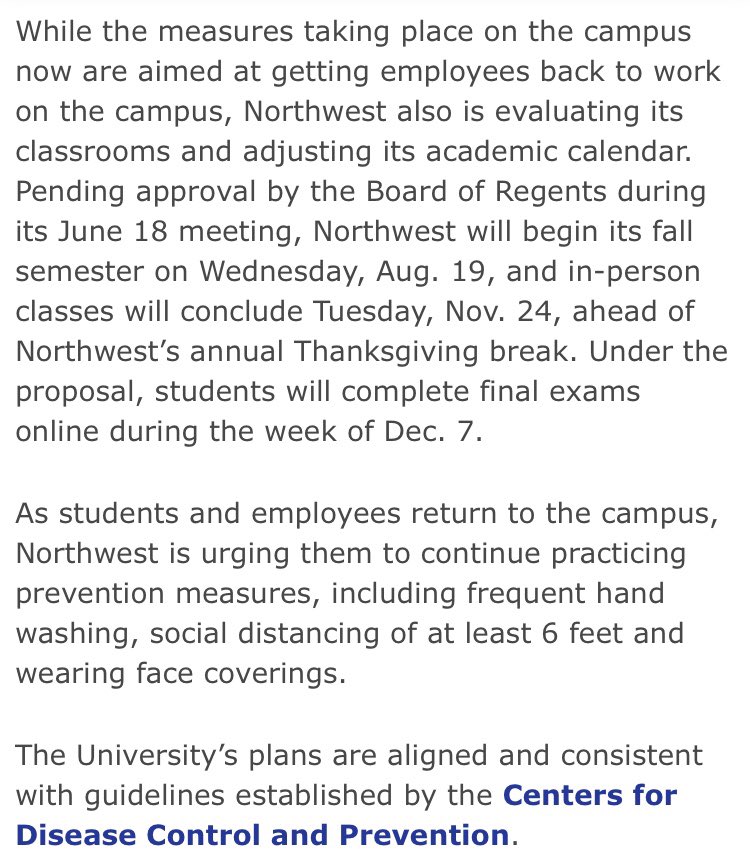 TheMissourian's tweet photo. Pending approval from Northwest’s Board of Regents at Thursday’s meeting, the University will plan to start in-person classes as scheduled Aug. 19 and conclude in-person classes Nov. 24, ahead of Thanksgiving break.

Fall semester finals will be online, if the plan is approved. https://t.co/ZzY6w9ruan