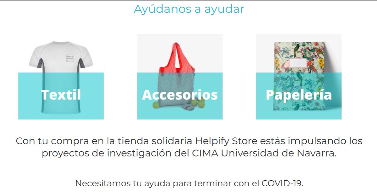 alumni_unav's tweet photo. ¿Aún no tienes tu producto #HelpUsToHelp? @CIMA_unav ha puesto en marcha Helpify Store, una tienda solidaria que destinará el 100% de sus beneficios a la búsqueda de una vacuna y un sistema de diagnóstico contra el COVID-19.
Compra tu producto y colabora👉https://t.co/GTRlq6a3XV https://t.co/nHaxDEftlU