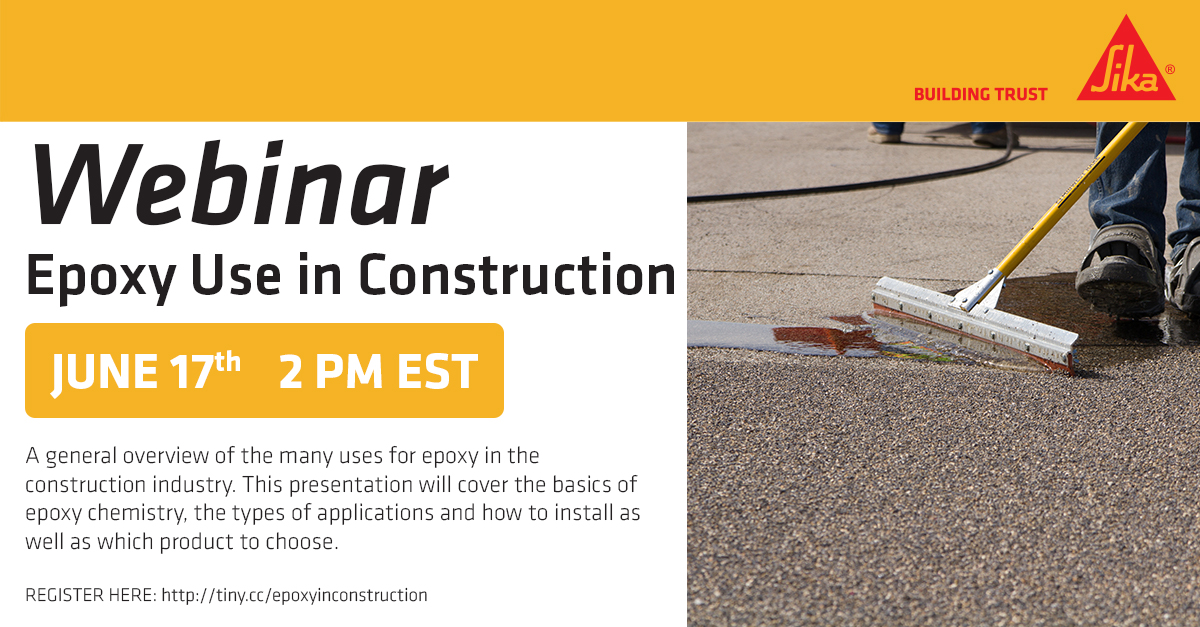 Sika_USA's tweet photo. Sign up for our Epoxy in Construction webinar June 17th at 2pm EST to learn the basics of epoxy chemistry, the different types of applications and much more! Click the link to register! 👷 #SuccesswithSika #Epoxy #RepairandProtection #Construction #SikaUSA https://t.co/fsRIIyEPnv https://t.co/SmqiTZDQeV