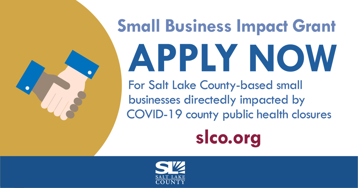 SLCoRegionalDev's tweet photo. The Small Business Impact Grant application is now OPEN. Small businesses in Salt Lake County, go to https://t.co/nU2V6kGM1P &amp; complete the 1st part of the application, which is an eligibility pre-screening. If you have ?s as you fill out the application, call 385-468-4011. https://t.co/YazMFPULyz