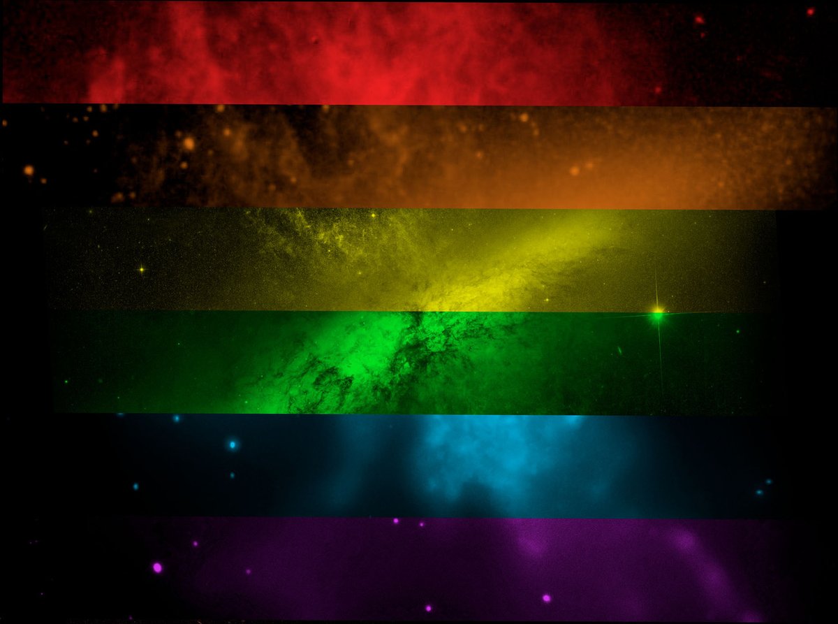 NASAExoplanets's tweet photo. We learn more when we share our different views. The stripes here show the M82 galaxy in 2 bands of data each from @NASAspitzer (red/orange), @NASAHubble (yellow/green) and @NASAChandra (blue/purple) and span the spectrum from infrared to X-ray.  ❤️🧡💛💚💙💜Happy #PrideMonth https://t.co/6Ihw8eHrUp