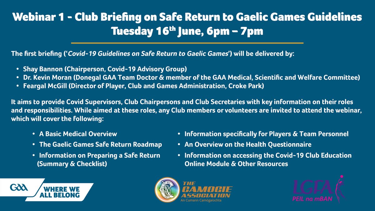 🚨REMINDER🚨 This is a gentle reminder to those who registered for the Webinar - Club Briefing on Safe Return to Gaelic Games Guidelines at 6pm this evening. The webinar will be recorded and available to rewatch in the coming days on the GAA Learning YouTube channel.